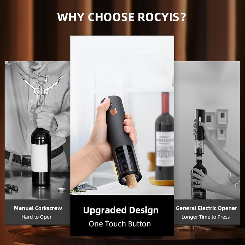 Rocyis هدايا النبيذ - فتاحة نبيذ كهربائية - فتاحة نبيذ أوتوماتيكية قابلة لإعادة الشحن - فتاحة زجاجات نبيذ كهربائية بدون سلك - فتاحة زجاجات نبيذ مع قاطع ورق، 2 في 1 هوائي وصب، سدادة فراغ، صندوق هدايا - Image 3